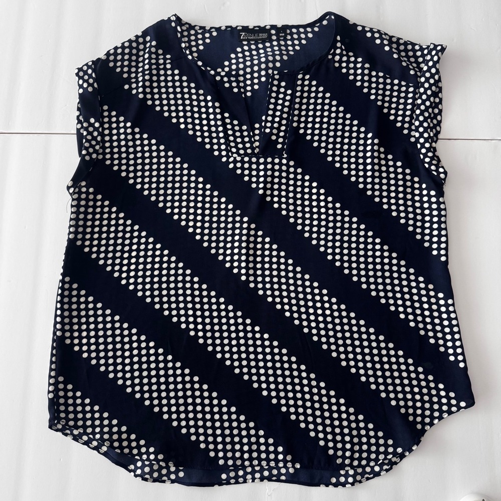 7th Avenue New York & Company Navy White Polka Dot Split Neck Blouse Large